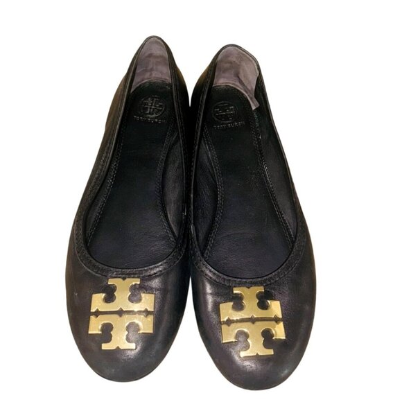 Tory Burch Black Leather Ballet Flats Golden Logo Size 10 Old Money Quiet Luxury - Picture 4 of 11